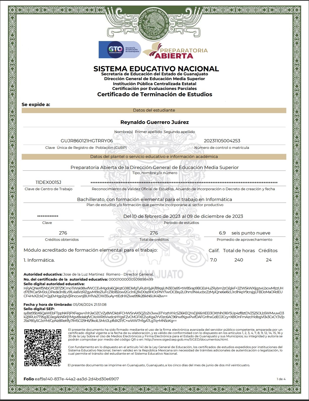 Certificado Bachillerato General